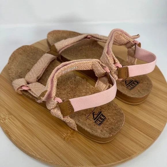 Reef Cushion Rem Pink Tan Woven Strappy Cork Footbed Sandals Womens 9 D-22 JHV - Picture 10 of 11